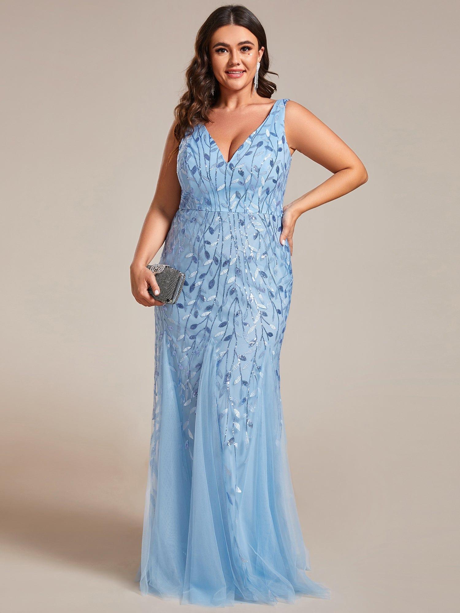 Leaf Sequin V-Neck Sleeveless Bridesmaid Dress with Tulle Hem #Color_Sky Blue