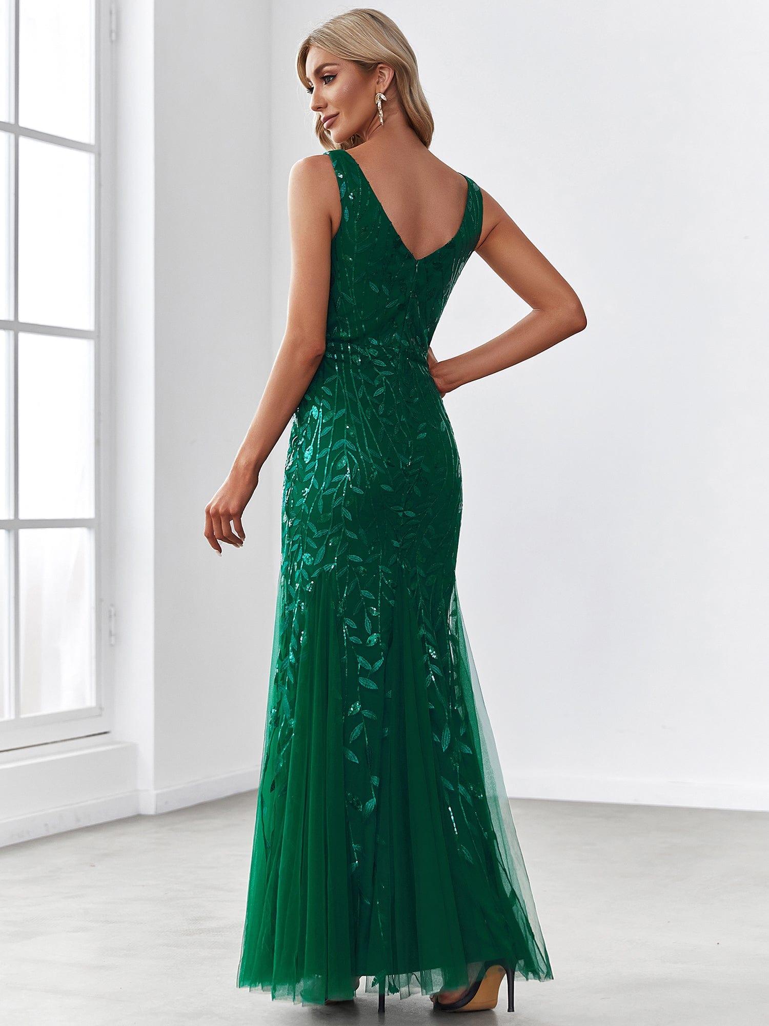 Leaf Sequin V-Neck Sleeveless Bridesmaid Dress with Tulle Hem #Color_Dark Green