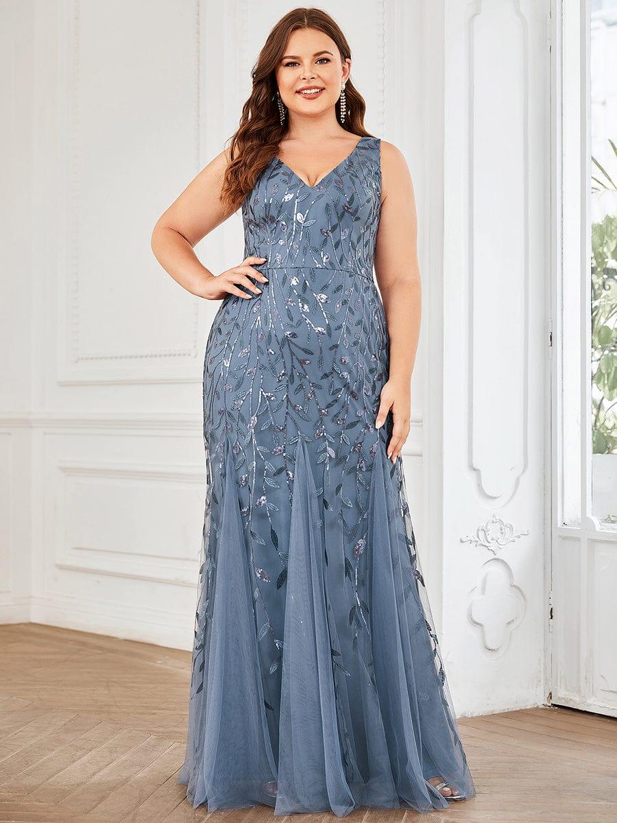 Leaf Sequin V-Neck Sleeveless Bridesmaid Dress with Tulle Hem #Color_Dusty Blue