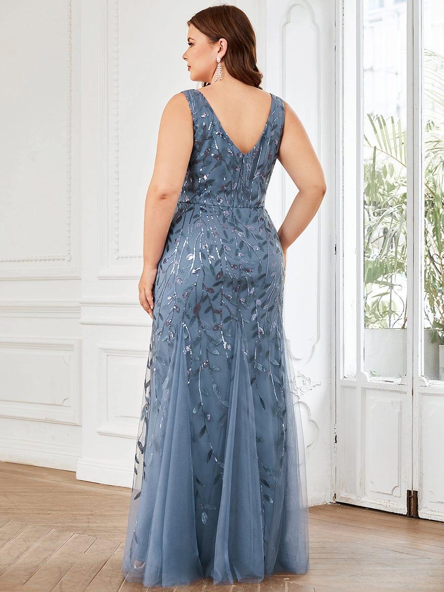 Leaf Sequin V-Neck Sleeveless Bridesmaid Dress with Tulle Hem #Color_Dusty Blue