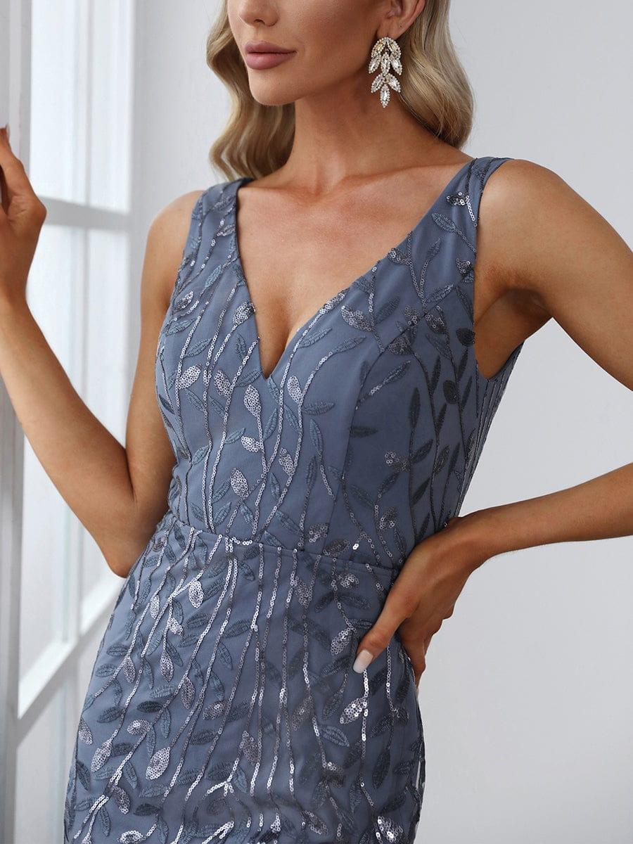 Leaf Sequin V-Neck Sleeveless Bridesmaid Dress with Tulle Hem #Color_Dusty Blue