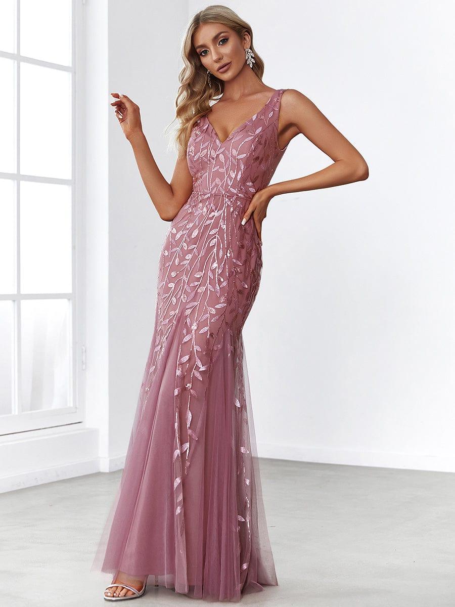 Leaf Sequin V-Neck Sleeveless Bridesmaid Dress with Tulle Hem #Color_Purple Orchid