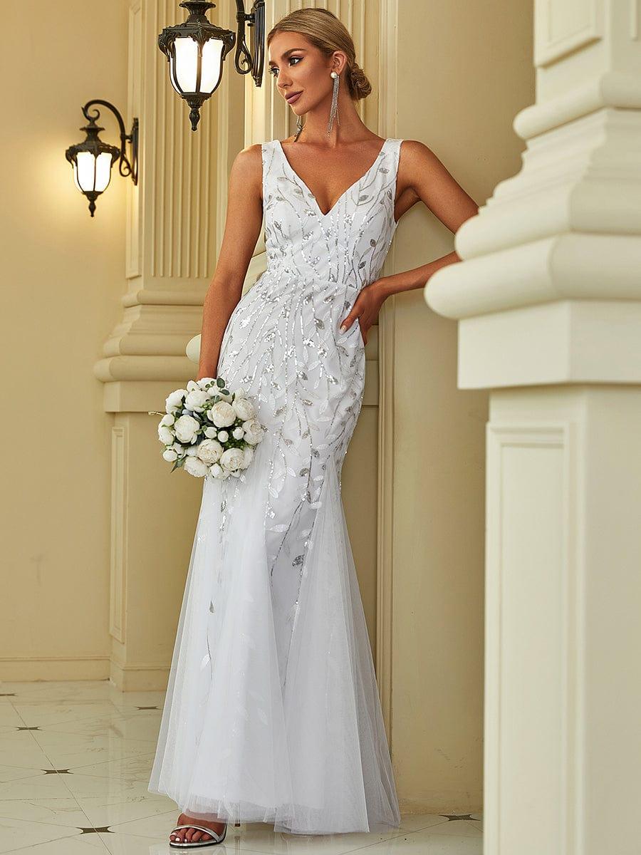 Leaf Sequin V-Neck Sleeveless Bridesmaid Dress with Tulle Hem #Color_White