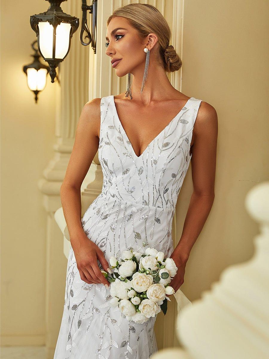 Leaf Sequin V-Neck Sleeveless Bridesmaid Dress with Tulle Hem #Color_White