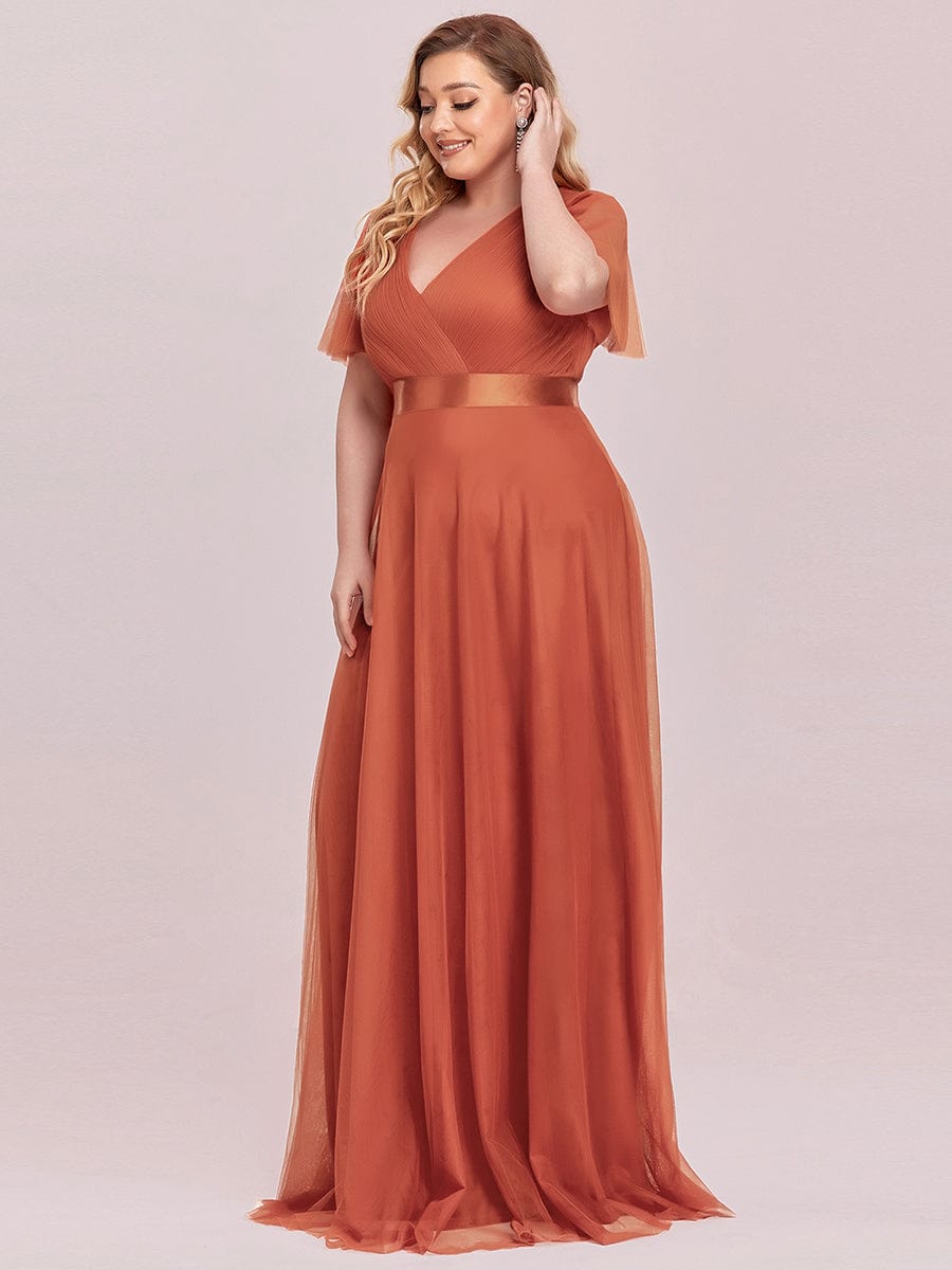 Women's Floor-Length Plus Size Formal Bridesmaid Dress with Short Sleeve #color_Burnt Orange