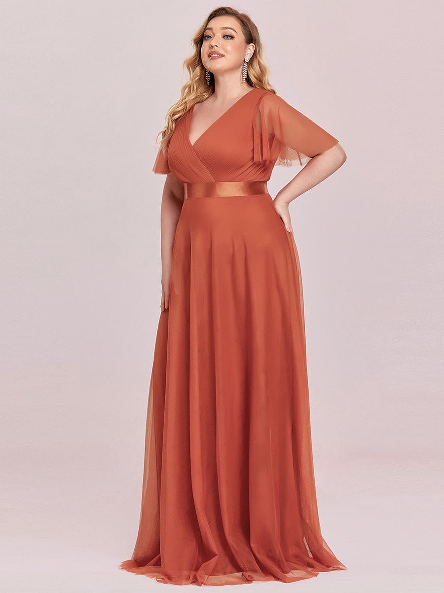 Women's Floor-Length Plus Size Formal Bridesmaid Dress with Short Sleeve #color_Burnt Orange