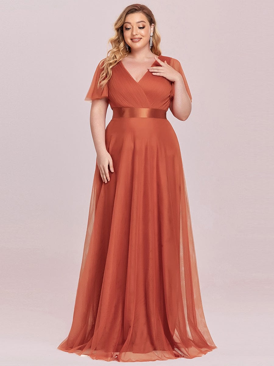 Women's Floor-Length Plus Size Formal Bridesmaid Dress with Short Sleeve #color_Burnt Orange