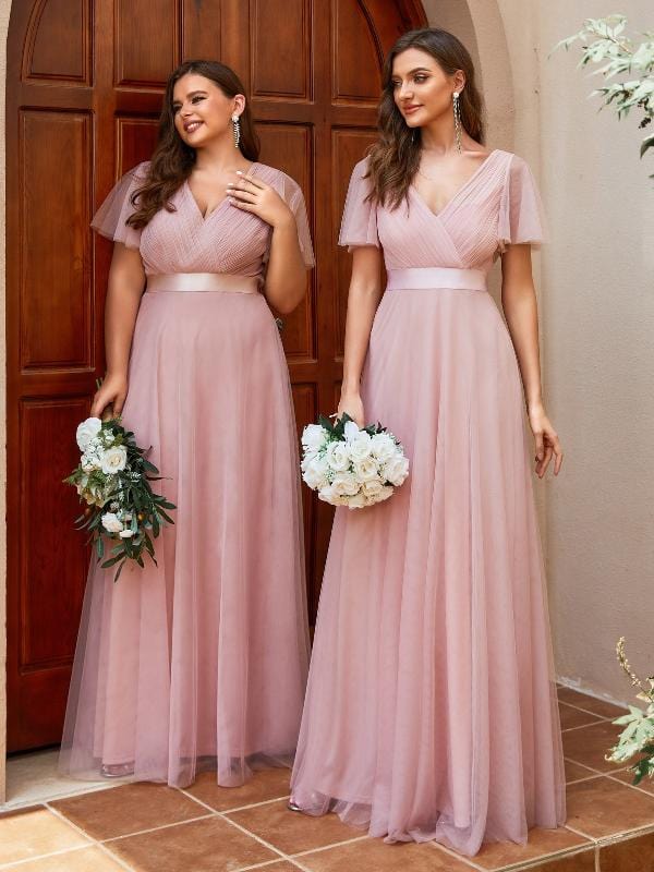 ever MISTE|Double V-Neck Floor-Length Short Sleeve Tulle Bridesmaid Dresses
