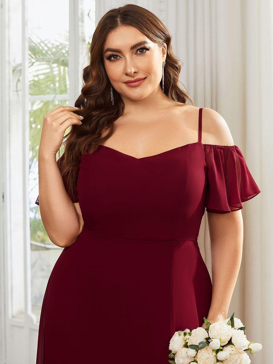 Plus Size Cold Shoulder Formal Bridesmaid Dress with Side Slit #color_Burgundy