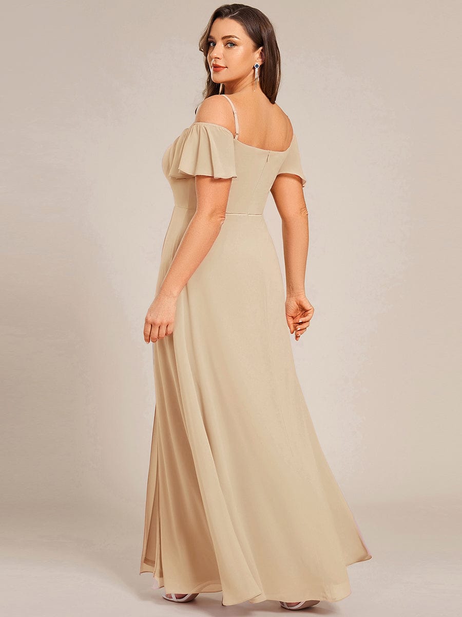 Stylish Cold Shoulder Flare Sleeves Flowy Bridesmaid Dress #color_Champagne
