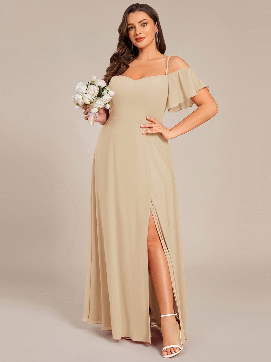 Stylish Cold Shoulder Flare Sleeves Flowy Bridesmaid Dress #color_Champagne