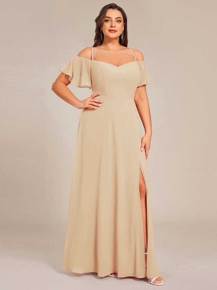 Stylish Cold Shoulder Flare Sleeves Flowy Bridesmaid Dress #color_Champagne