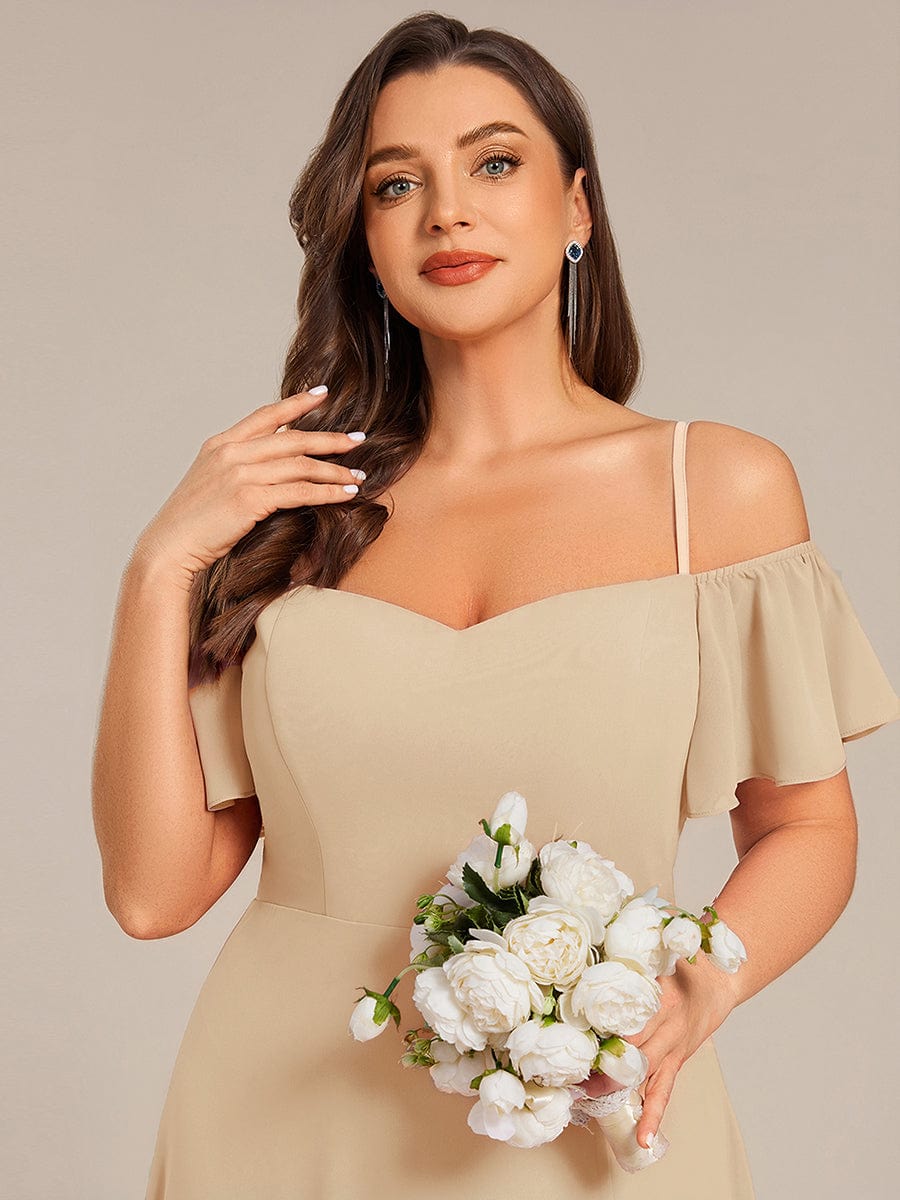 Stylish Cold Shoulder Flare Sleeves Flowy Bridesmaid Dress #color_Champagne