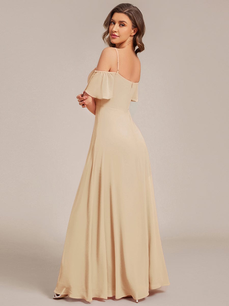Stylish Cold Shoulder Flare Sleeves Flowy Bridesmaid Dress #color_Champagne