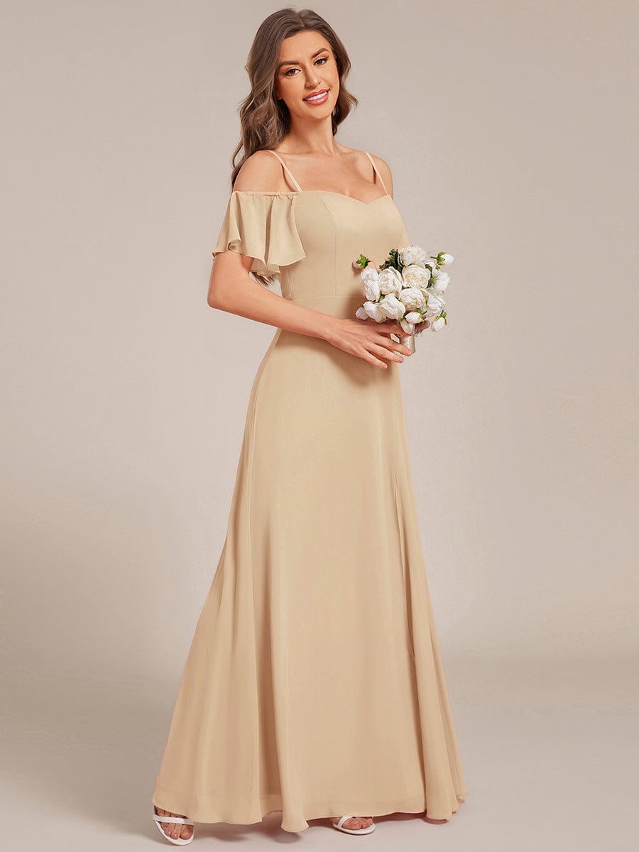 Stylish Cold Shoulder Flare Sleeves Flowy Bridesmaid Dress #color_Champagne
