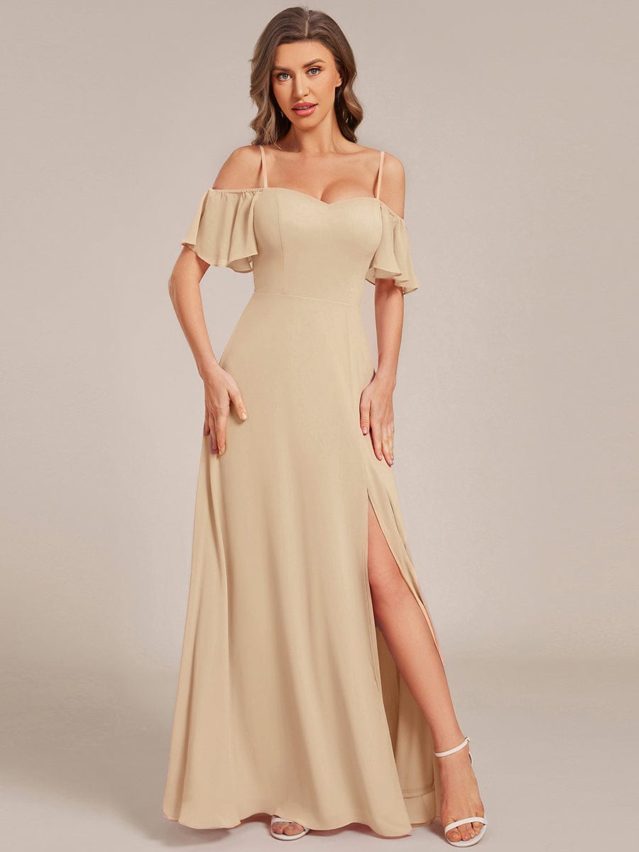 Stylish Cold Shoulder Flare Sleeves Flowy Bridesmaid Dress #color_Champagne
