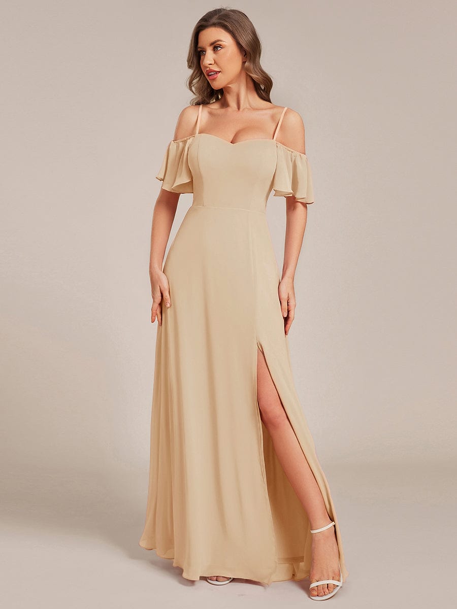 Stylish Cold Shoulder Flare Sleeves Flowy Bridesmaid Dress #color_Champagne