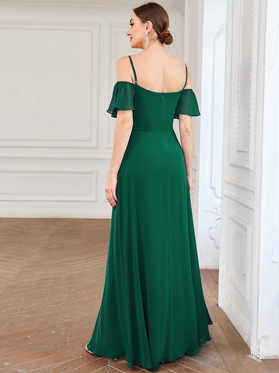 Stylish Cold Shoulder Flare Sleeves Flowy Bridesmaid Dress #color_Dark Green