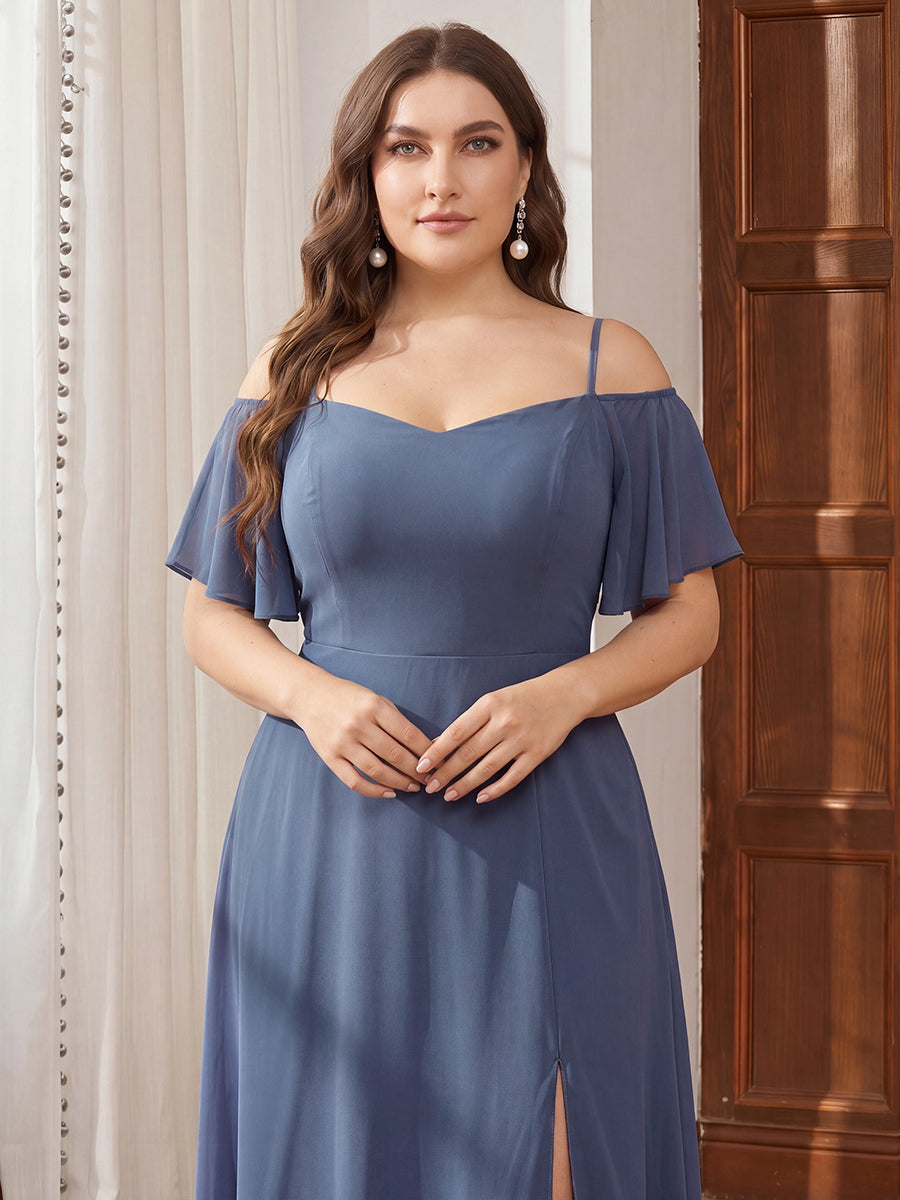 Stylish Cold Shoulder Flare Sleeves Flowy Bridesmaid Dress #color_Dusty Blue