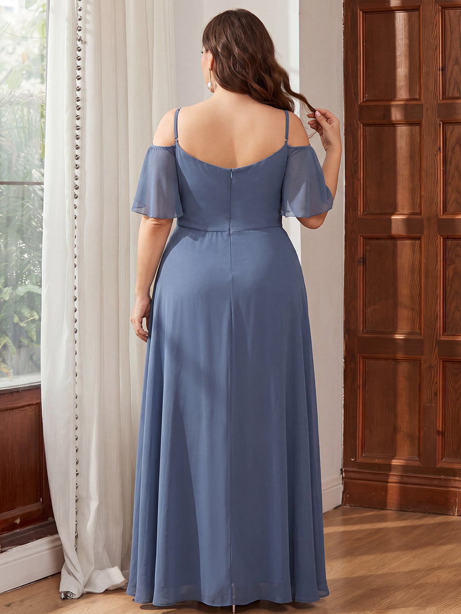 Stylish Cold Shoulder Flare Sleeves Flowy Bridesmaid Dress #color_Dusty Blue