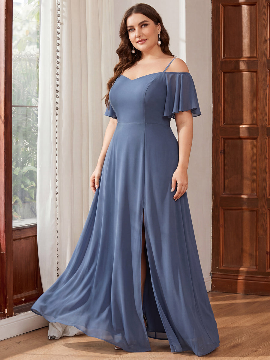 Stylish Cold Shoulder Flare Sleeves Flowy Bridesmaid Dress #color_Dusty Blue