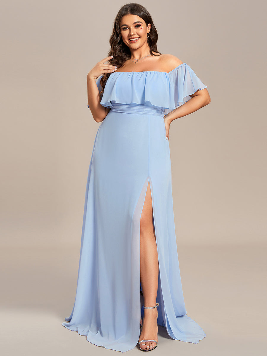 Off the Shoulder Ruffle Bodice Long Flowy Chiffon Bridesmaid Dress #color_Sky Blue