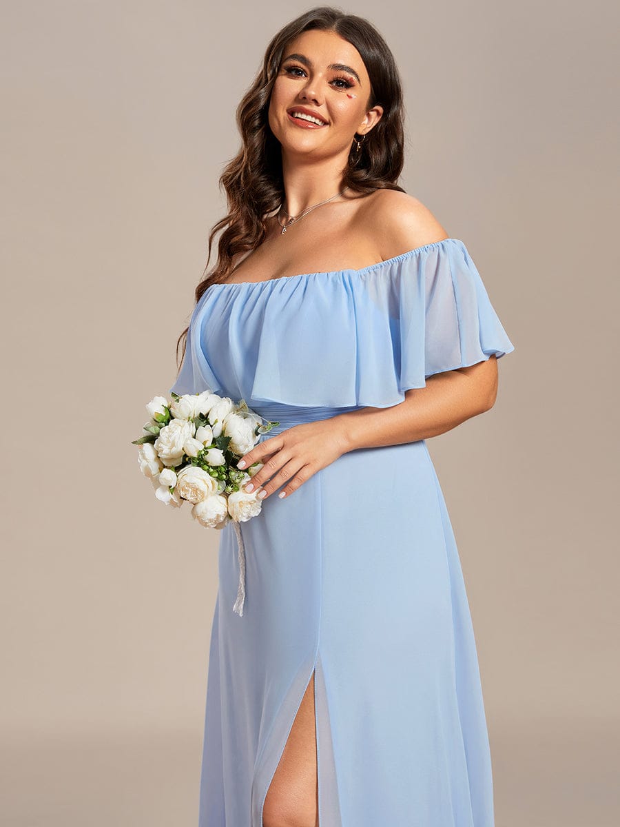 Off the Shoulder Ruffle Bodice Long Flowy Chiffon Bridesmaid Dress #color_Sky Blue
