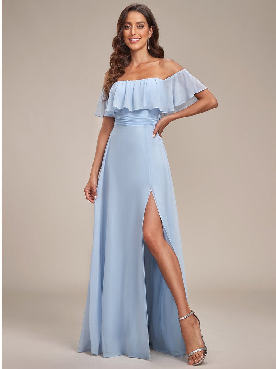 Off the Shoulder Ruffle Bodice Long Flowy Chiffon Bridesmaid Dress #color_Sky Blue