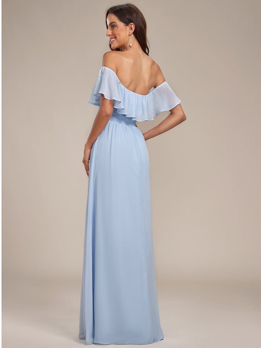 Off the Shoulder Ruffle Bodice Long Flowy Chiffon Bridesmaid Dress #color_Sky Blue