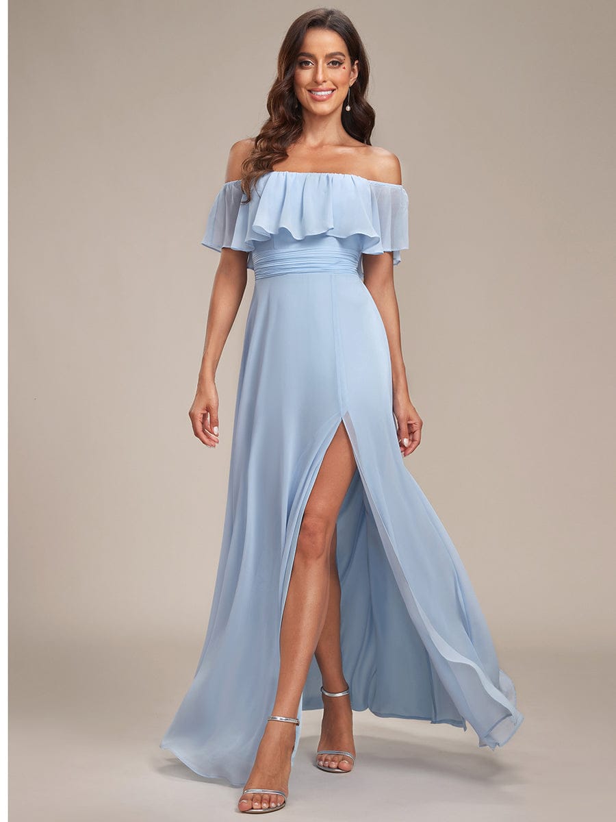 Off the Shoulder Ruffle Bodice Long Flowy Chiffon Bridesmaid Dress #color_Sky Blue