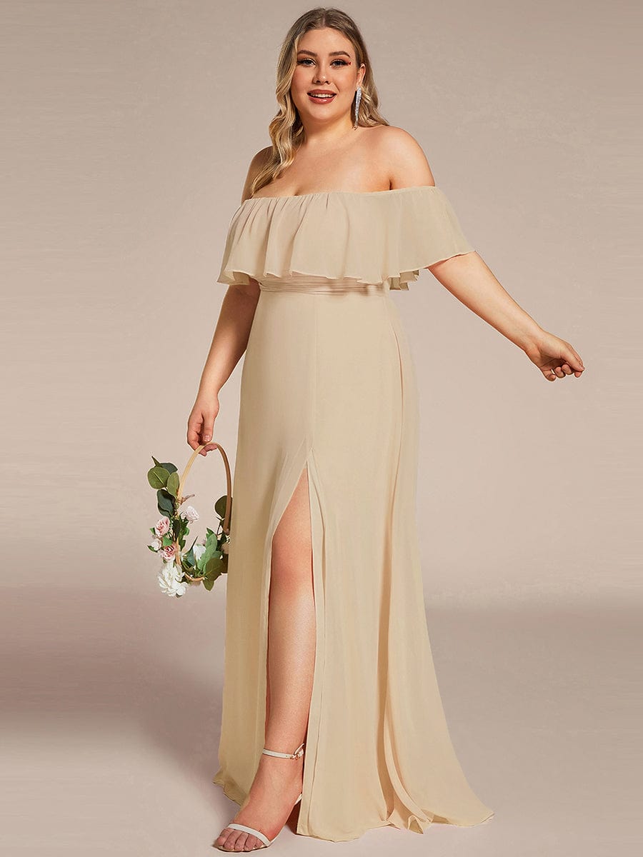 Off the Shoulder Ruffle Bodice Long Flowy Chiffon Bridesmaid Dress #color_Champagne
