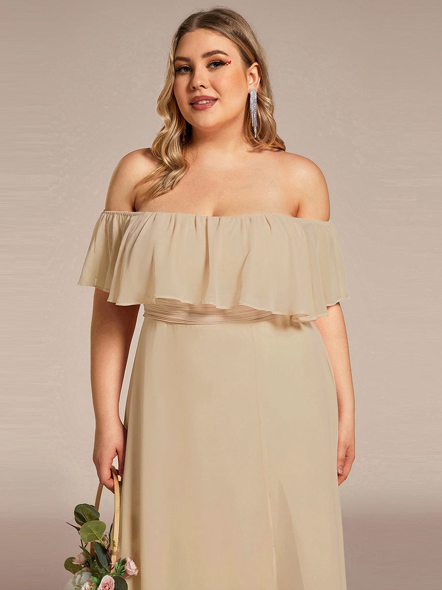 Off the Shoulder Ruffle Bodice Long Flowy Chiffon Bridesmaid Dress #color_Champagne