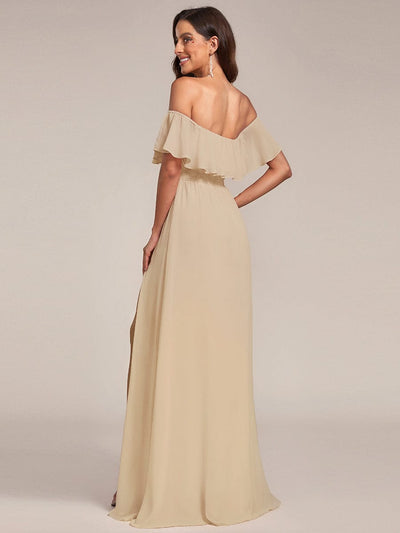 Off the Shoulder Ruffle Bodice Long Flowy Chiffon Bridesmaid Dress #color_Champagne