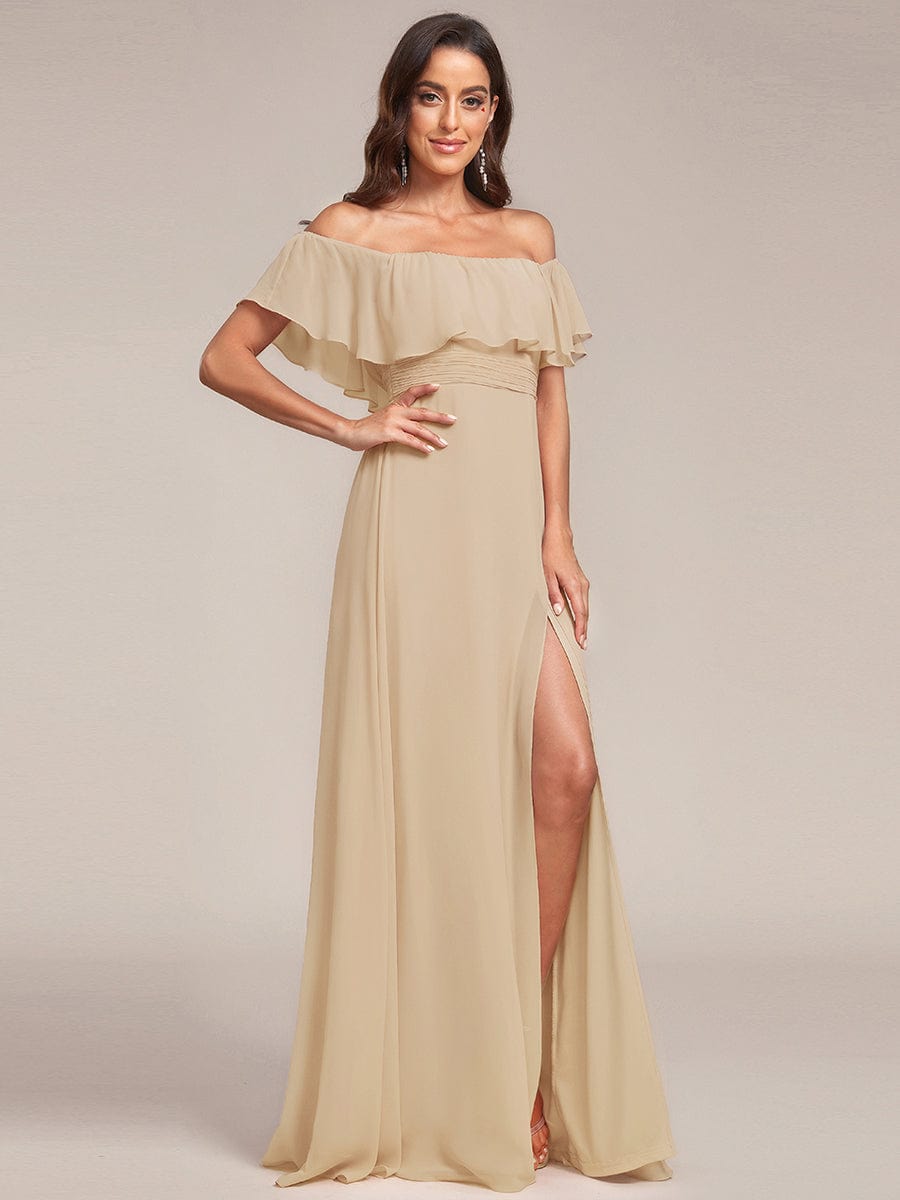 Off the Shoulder Ruffle Bodice Long Flowy Chiffon Bridesmaid Dress #color_Champagne