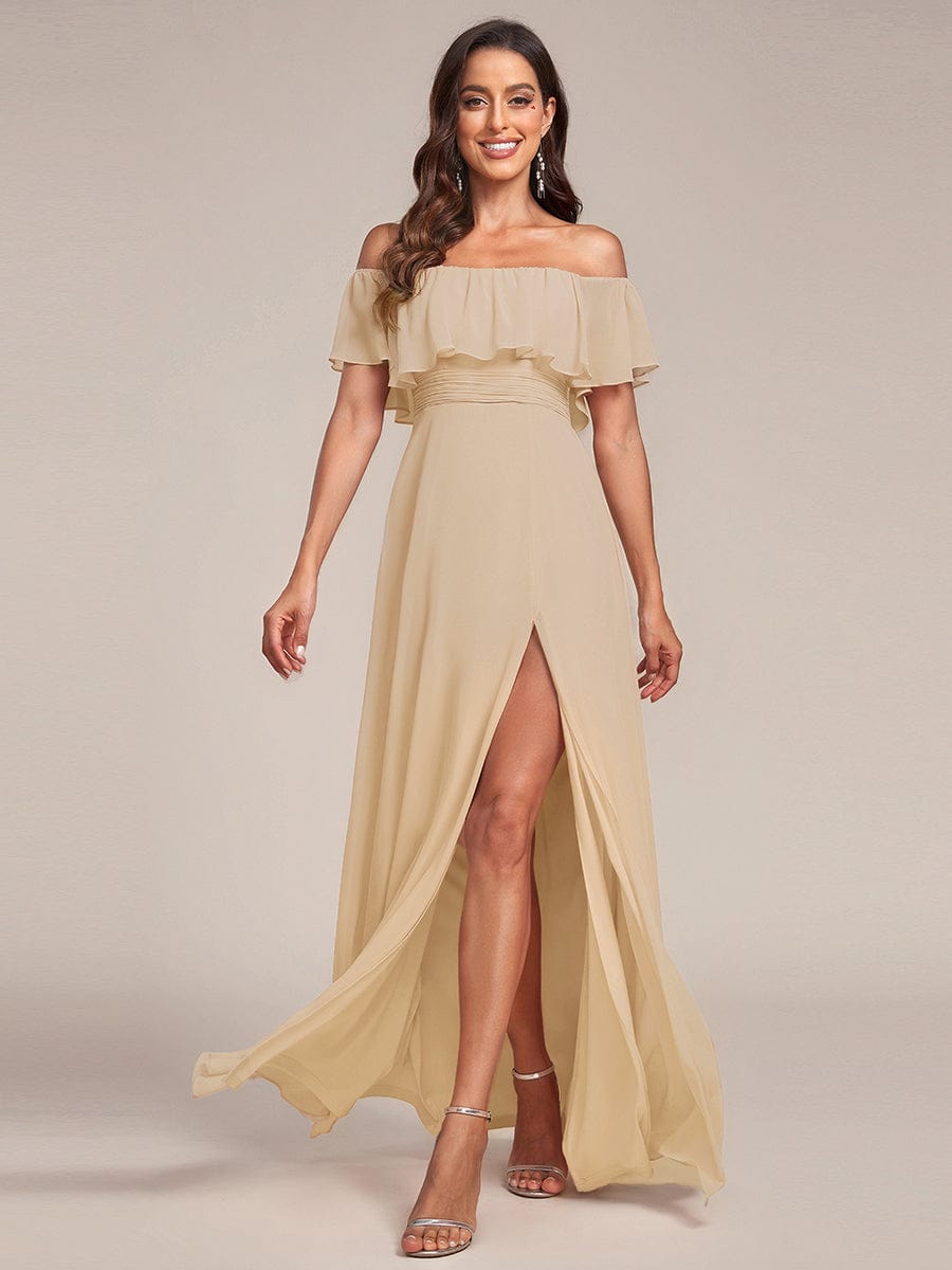 Off the Shoulder Ruffle Bodice Long Flowy Chiffon Bridesmaid Dress #color_Champagne