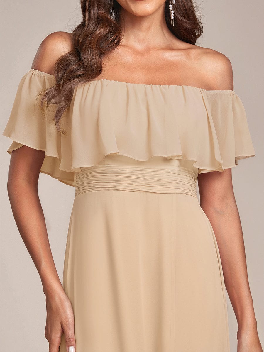 Off the Shoulder Ruffle Bodice Long Flowy Chiffon Bridesmaid Dress #color_Champagne
