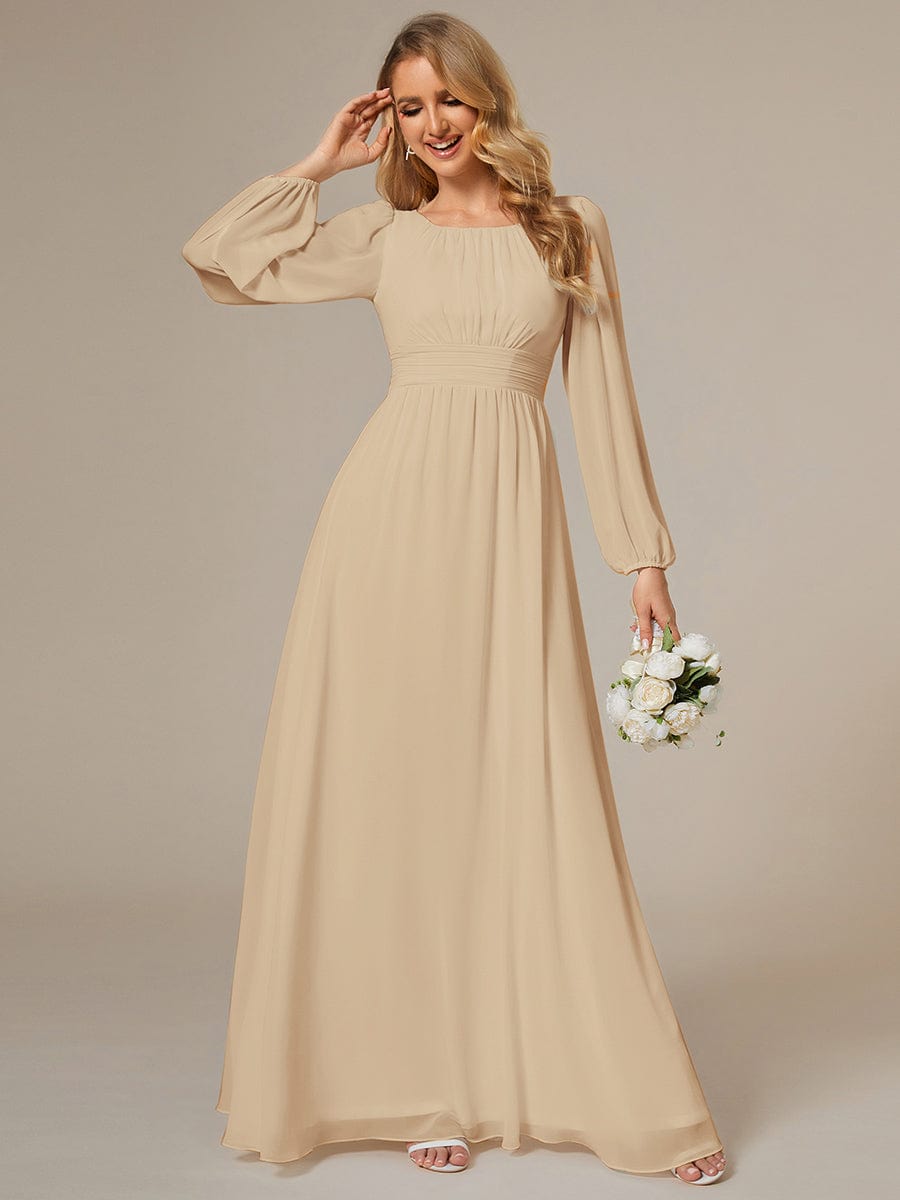 Chiffon High Empire Waist Puff Sleeve Bridesmaid Dress #color_Champagne