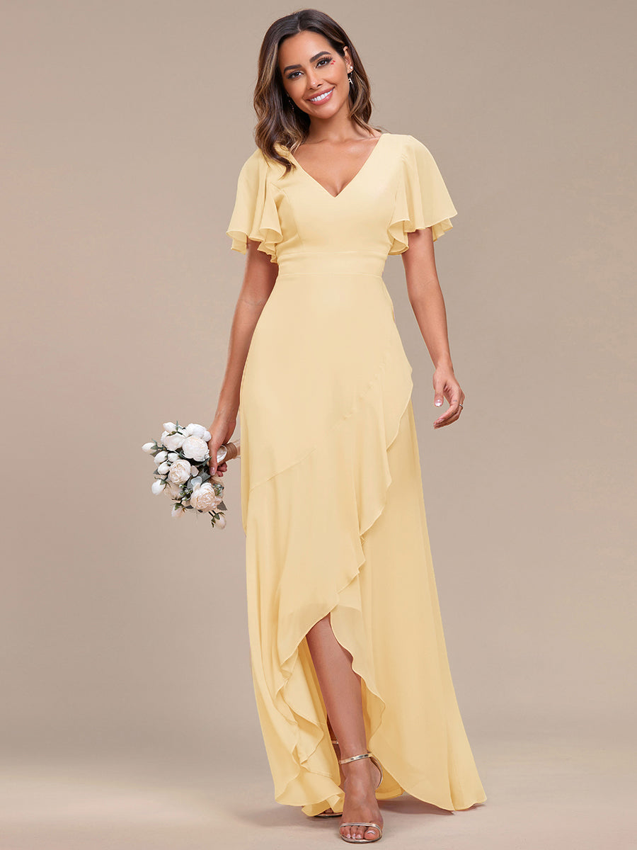 Ruffles Sleeve V-Neck Chiffon Bridesmaid Dress #color_Yellow