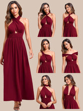 Convertible Halter A-Line Elastic Waist Tea Length Backless Bridesmaid Dress #color_Burgundy