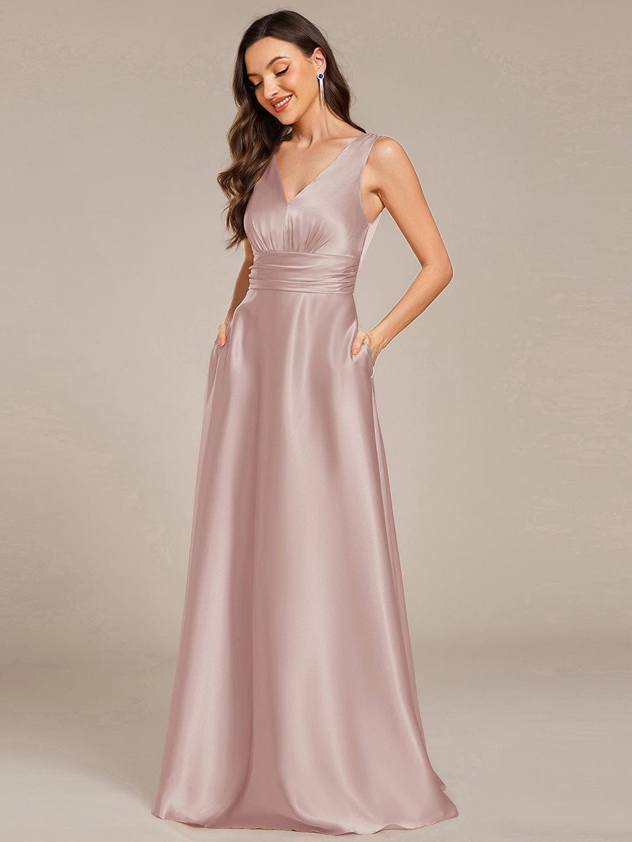 V-neck Empire Waist Satin Maxi Bridesmaid Dress with Pockets #color_Mauve