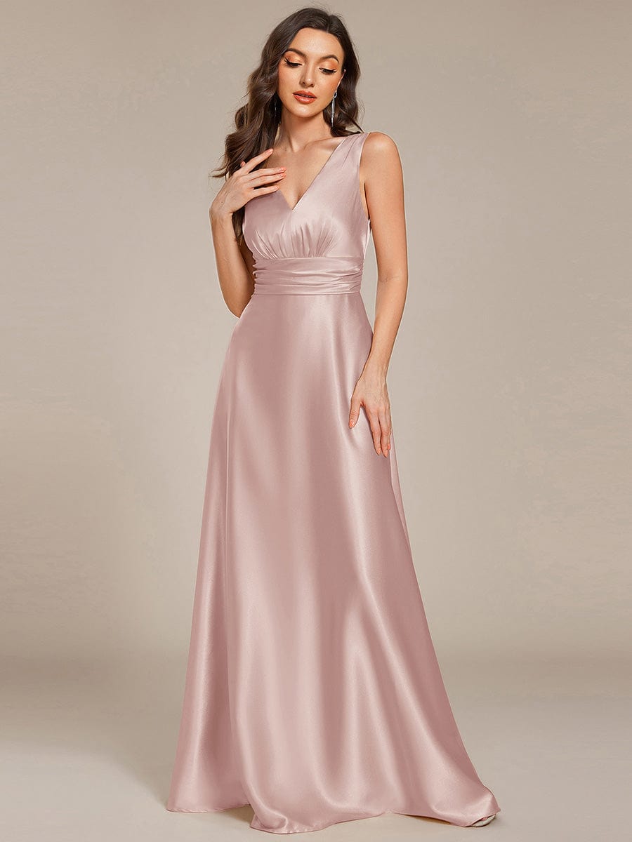V-neck Empire Waist Satin Maxi Bridesmaid Dress with Pockets #color_Mauve