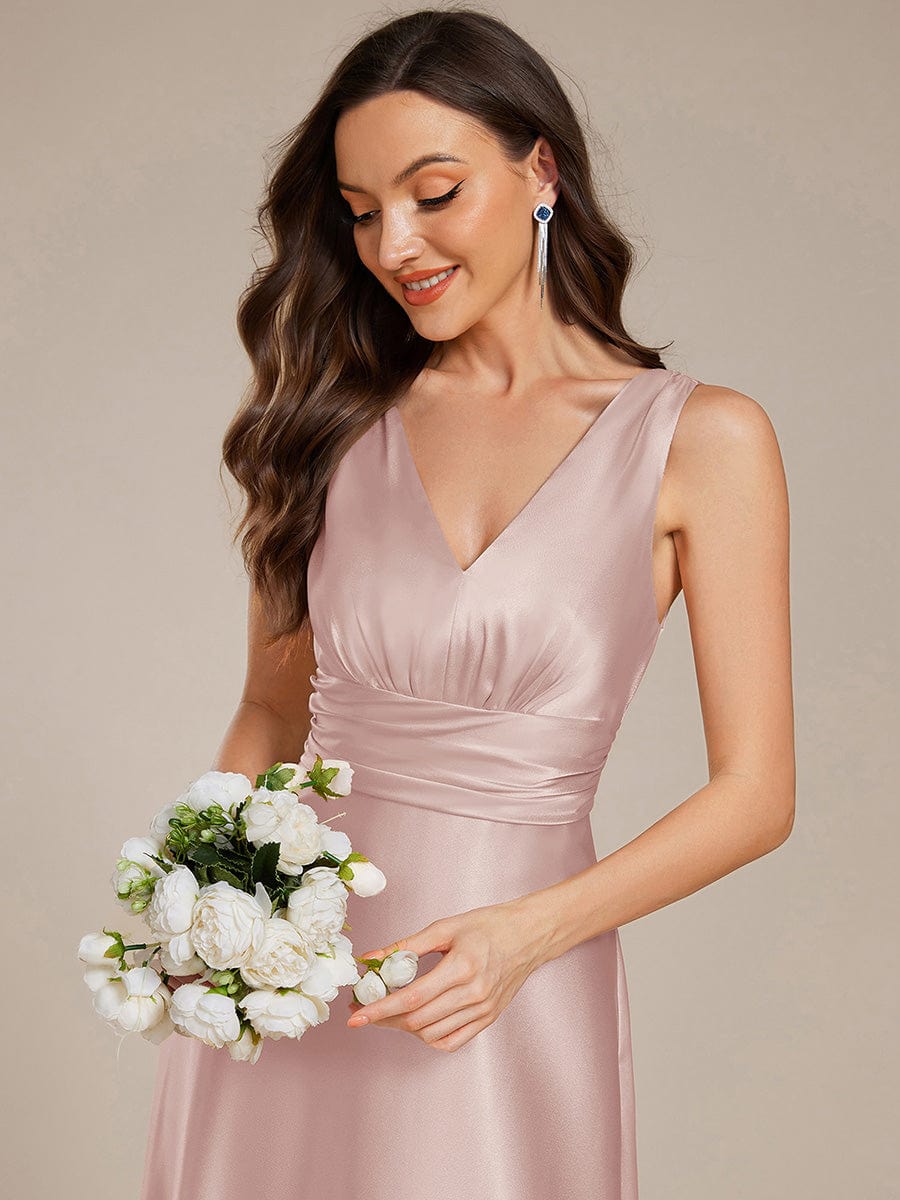 V-neck Empire Waist Satin Maxi Bridesmaid Dress with Pockets #color_Mauve