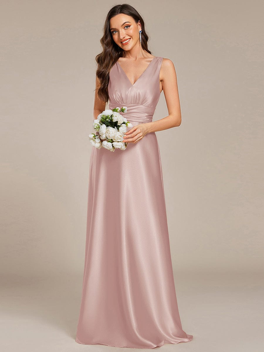 V-neck Empire Waist Satin Maxi Bridesmaid Dress with Pockets #color_Mauve