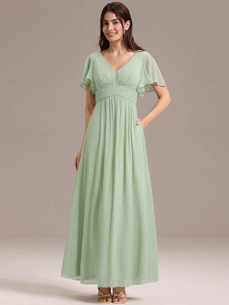 Short Sleeve Ruffled Lace-Up A-Line Maxi Bridesmaid Dress #color_Mint Green