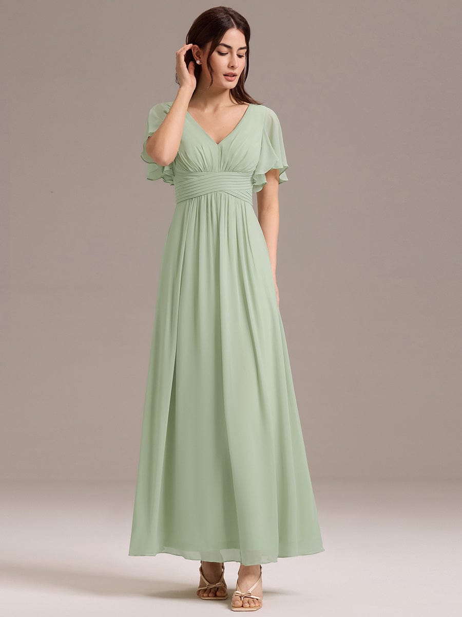 Short Sleeve Ruffled Lace-Up A-Line Maxi Bridesmaid Dress #color_Mint Green