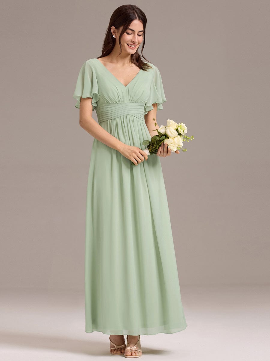 Short Sleeve Ruffled Lace-Up A-Line Maxi Bridesmaid Dress #color_Mint Green