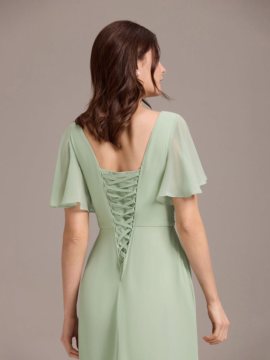 Short Sleeve Ruffled Lace-Up A-Line Maxi Bridesmaid Dress #color_Mint Green