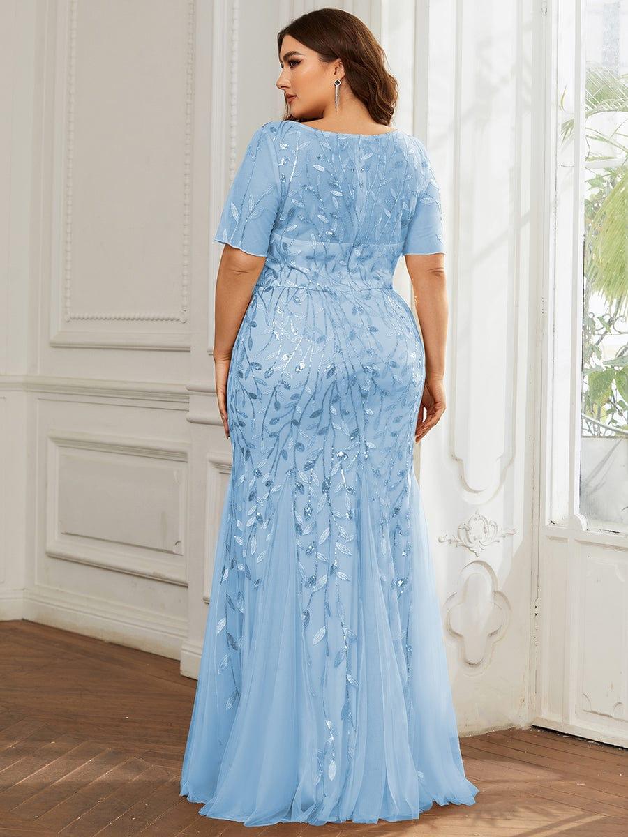 Floral Sequin Print Plus Size Mermaid Tulle Evening Dress #color_Sky Blue