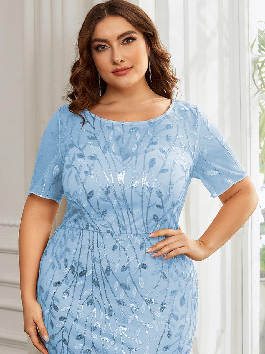 Floral Sequin Print Plus Size Mermaid Tulle Evening Dress #color_Sky Blue