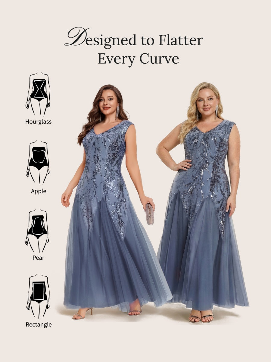 Plus Size Glitter High Stretch Cap Sleeve Tulle Mother of the Bride Dress #color_Dusty Blue